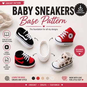 以下が含まれることがあります： BABY SNEAKERS Base Patternというテキストが記載されたベビー用スニーカーのかぎ針編みパターン。画像には、黒、赤、ヒョウ柄の小さなかぎ針編みの靴4足と、シンプルな白いベースの靴、および説明用のアイコンが表示されています。