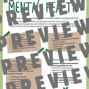 May include: An informational flyer titled Postpartum Mental Health with green text and leaf accents. It features sections on complications, symptoms of PPD and PPA, and support resources including Postpartum Support International and the Thrive website.