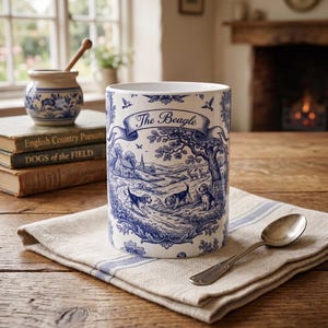 May include: A white ceramic mug featuring a blue and white toile-style pattern depicting a rural landscape with three beagle dogs, trees, and a building. The text "The Beagle" is printed in a decorative banner at the top of the cylindrical vessel.