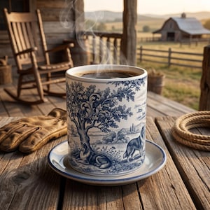 May include: A ceramic mug and matching saucer featuring a blue and white toile pattern depicting a dog resting under a large tree and another dog standing nearby. The mug contains a dark liquid with visible steam rising from the top rim.