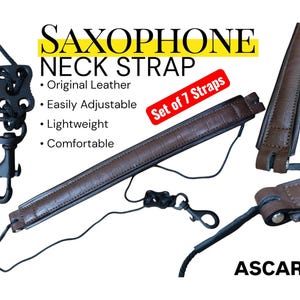 May include: A set of 7 brown leather saxophone neck straps with black adjustable hardware and a metal hook. The text reads SAXOPHONE NECK STRAP, Original Leather, Easily Adjustable, Lightweight, Comfortable, Set of 7 Straps, and ASCART.