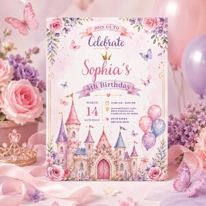 May include: A rectangular birthday invitation card featuring a pink and purple castle illustration, floral accents, butterflies, and balloons. Text reads: Join us to Celebrate Sophia's 4th Birthday, March 14, 11:00 AM - 2:00 PM, 88 Fairytail Lane, Charlotte, NC 28202, RSVP Emma 987.654.3210.