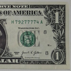 5 Of-A-Kind+4 IN-A-ROW 2021 One Dollar Bill H79277774A Fancy Serial Number -B342