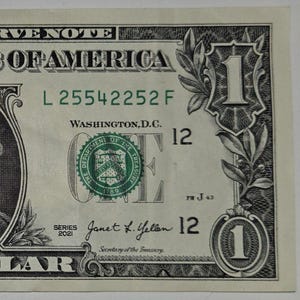 May include: A United States one-dollar bill featuring the text 'THE DEPARTMENT OF THE TREASURY 1789' inside a green seal, the serial number 'L 25542252 F', the signature of Janet L. Yellen, and the series year 2021 printed in black ink.
