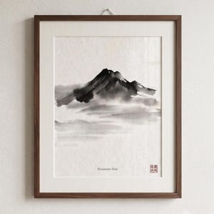 Minimalist Sumi-e mountain print featuring layered Japanese ink peaks fading into mist on a warm white background