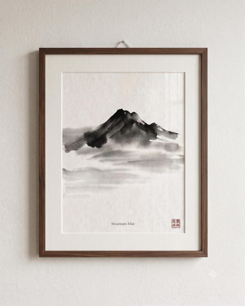 Minimalist Sumi-e mountain print featuring layered Japanese ink peaks fading into mist on a warm white background