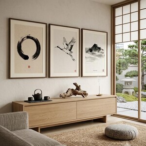 Japanese Sumi-e print set featuring Enso, Crane, and Mountain ink paintings arranged as a minimalist Zen triptych.