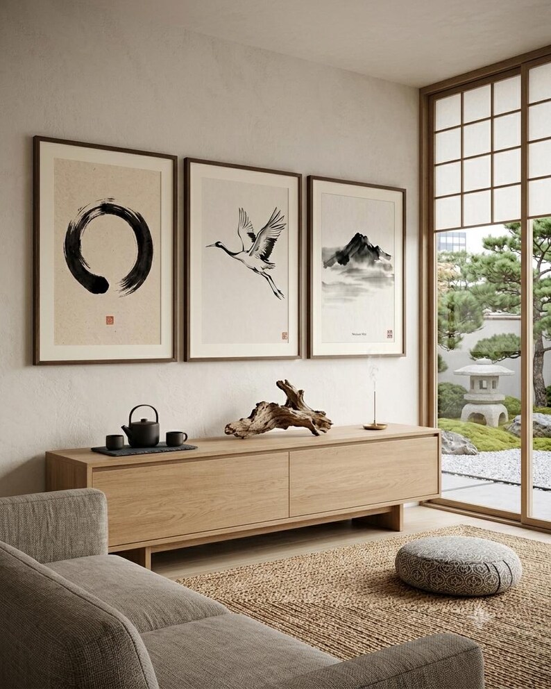 Japanese Sumi-e print set featuring Enso, Crane, and Mountain ink paintings arranged as a minimalist Zen triptych.