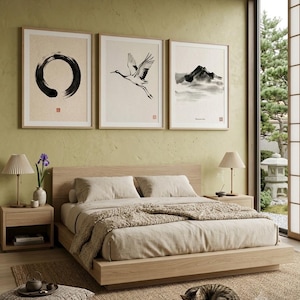 Japanese Sumi-e print set featuring Enso, Crane, and Mountain ink paintings arranged as a minimalist Zen triptych.