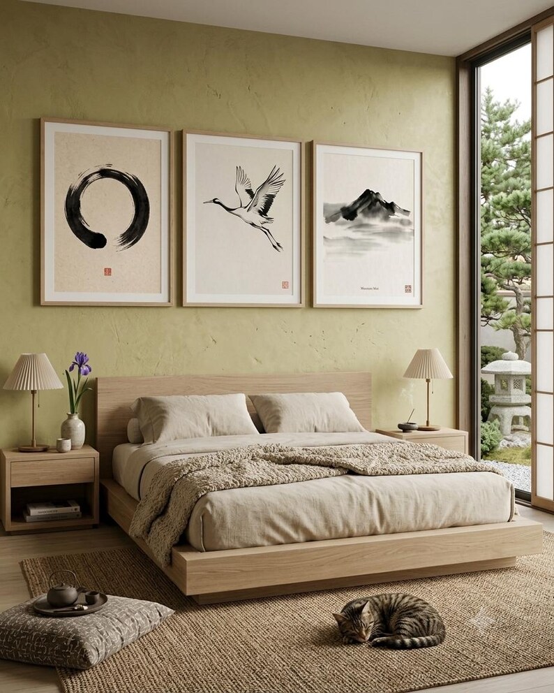 Japanese Sumi-e print set featuring Enso, Crane, and Mountain ink paintings arranged as a minimalist Zen triptych.