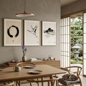 Minimalist Sumi-e mountain print featuring layered Japanese ink peaks fading into mist on a warm white background