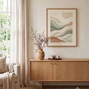Japandi Abstrakte Landschaft, Minimalistische neutrale Wandkunst, über Bett-Dekor, geschichtete Hügel | Ruhe & Eiche Bild 1