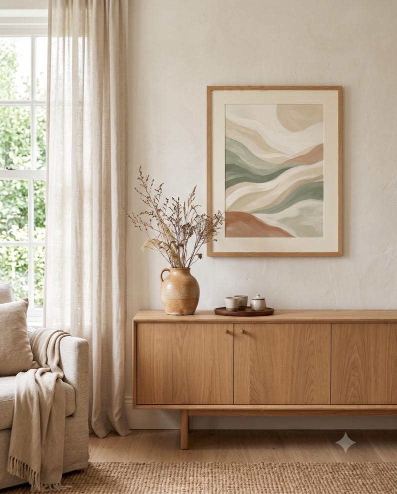Japandi Abstrakte Landschaft, Minimalistische neutrale Wandkunst, über Bett-Dekor, geschichtete Hügel | Ruhe & Eiche Bild 1