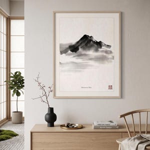 Minimalist Sumi-e mountain print featuring layered Japanese ink peaks fading into mist on a warm white background