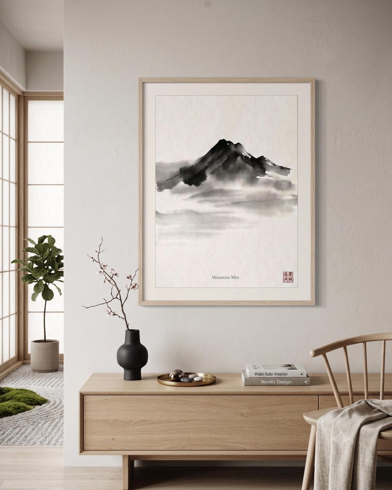 Minimalist Sumi-e mountain print featuring layered Japanese ink peaks fading into mist on a warm white background