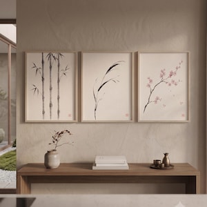 Japanese Sumi-e botanical print set featuring Bamboo, Cherry Blossom, and Bent Reed arranged as a minimalist Zen triptych.