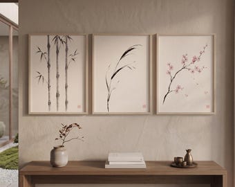 Conjunto de láminas botánicas japonesas Sumi-e, arte mural Zen Japandi, tríptico de bambú y flores de cerezo.