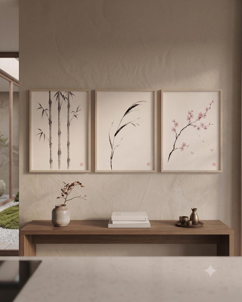 Japanese Sumi-e botanical print set featuring Bamboo, Cherry Blossom, and Bent Reed arranged as a minimalist Zen triptych.