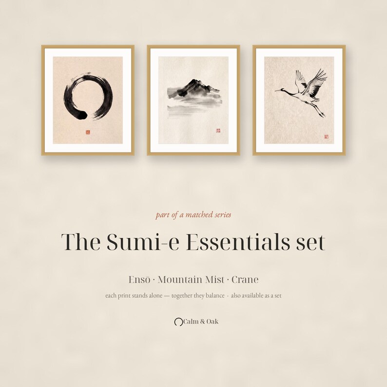 Framed Sumi Enso print displayed above a modern console table in a Japandi-inspired living room with neutral decor.