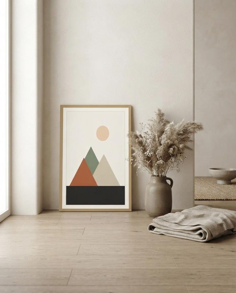 Japandi Mountain Print, Minimalist Layered Peaks Wall Art, Neutral Landscape Decor, Above Bed | Calm & Oak image 5