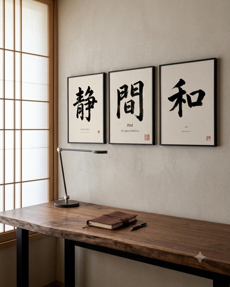 Op de afbeelding: Drie ingelijste wandkunstwerken met zwarte Japanse kalligrafiekarakters op een witte achtergrond. Elke print bevat kleine Engelse tekst en een rode stempel. De getoonde karakters zijn 静, 間 en 和, wat staat voor stilte, de ruimte tussen en harmonie.