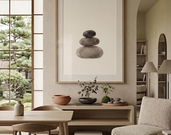 Lámina abstracta de piedras apiladas, arte mural minimalista neutro, decoración Japandi, arte moderno en tonos tierra (DESCARGA DIGITAL)