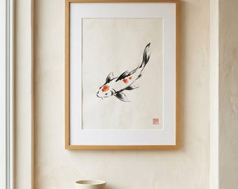 Estampado Sumi-e de carpas koi, arte mural Japandi, pintura japonesa de peces con tinta, acento bermellón.