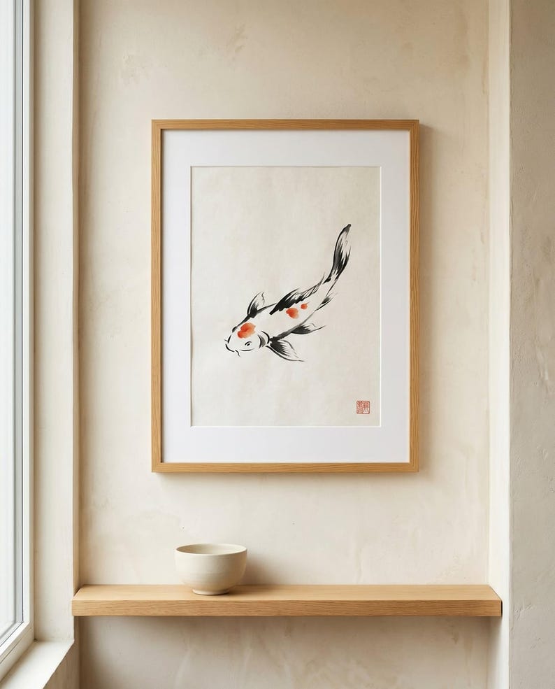 Koi ink koi fish with vermillion accent print styled in a calm Japandi room — warm off-white. Calm & Oak.