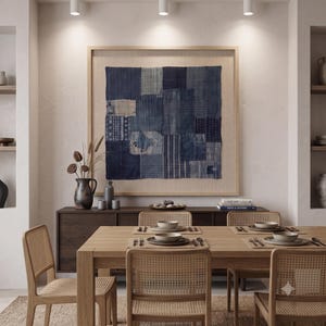 Japanese Boro Indigo wall art featuring layered textile-inspired patterns in deep blue tones with a wabi-sabi aesthetic.