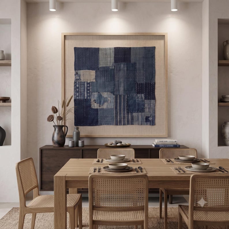 Japanese Boro Indigo wall art featuring layered textile-inspired patterns in deep blue tones with a wabi-sabi aesthetic.