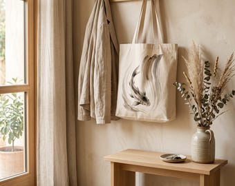 Bolso tote Japandi con diseño de cascada de carpas Koi — Lona neutra minimalista / Calm & Oak