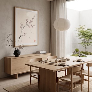 Cherry Branch sakura branch in ink print styled in a calm Japandi room — soft pink and cream. Calm & Oak.