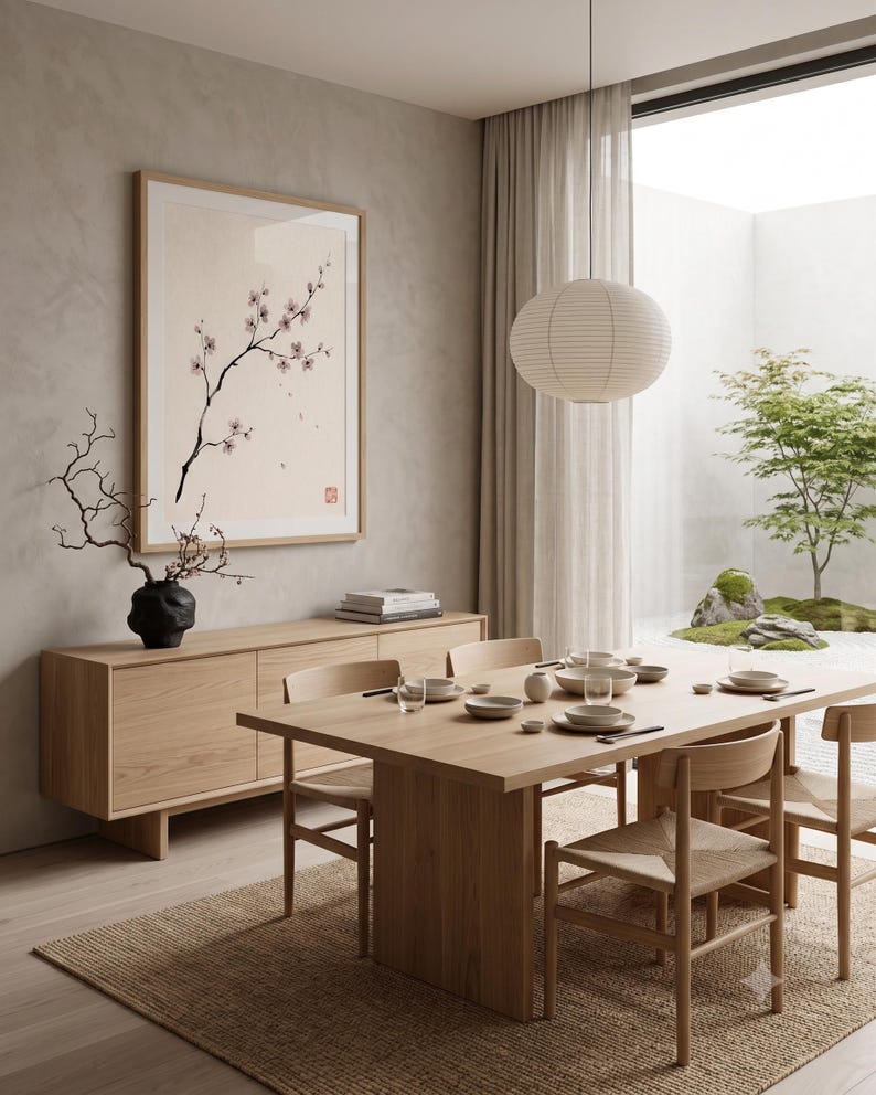 Cherry Branch sakura branch in ink print styled in a calm Japandi room — soft pink and cream. Calm & Oak.