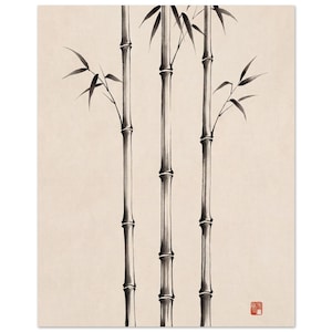 Three Bamboo three ink bamboo stalks print styled in a calm Japandi room — warm off-white. Calm & Oak.