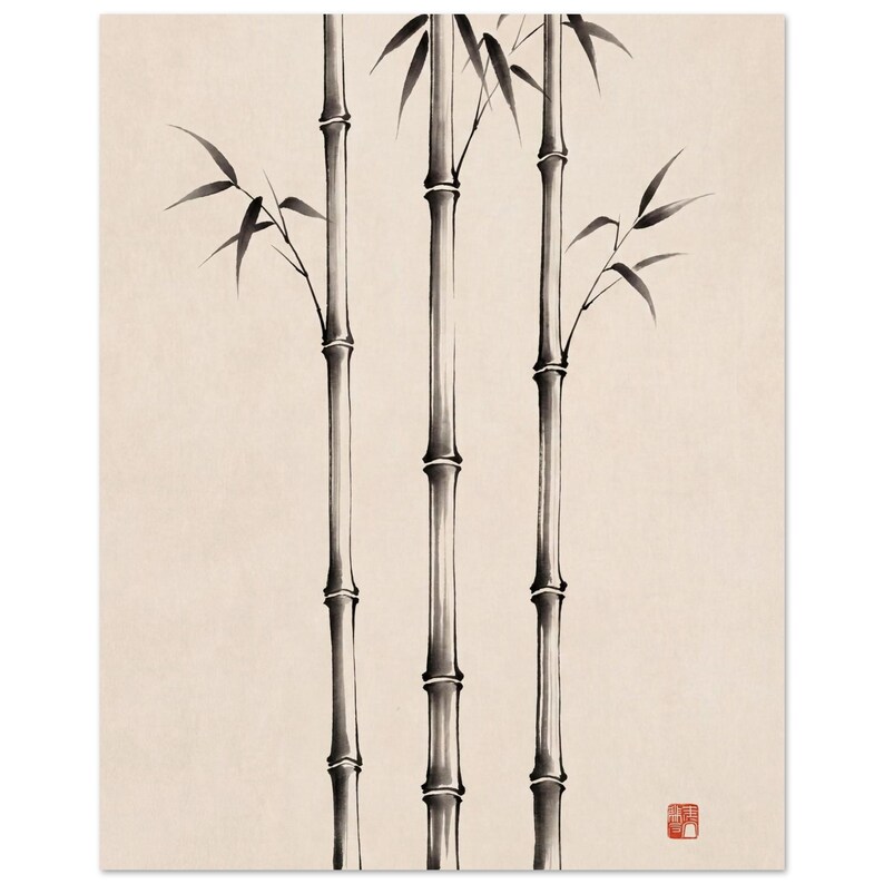 Three Bamboo three ink bamboo stalks print styled in a calm Japandi room — warm off-white. Calm & Oak.