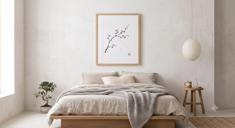 Cherry Branch sakura branch in ink print styled in a calm Japandi room — soft pink and cream. Calm & Oak.
