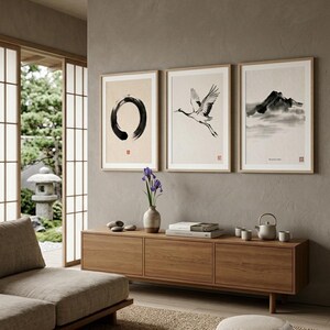 Japanese Sumi-e print set featuring Enso, Crane, and Mountain ink paintings arranged as a minimalist Zen triptych.
