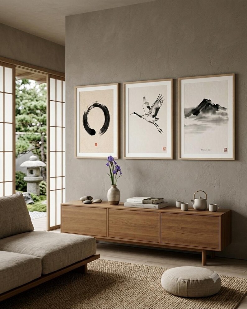 Japanese Sumi-e print set featuring Enso, Crane, and Mountain ink paintings arranged as a minimalist Zen triptych.