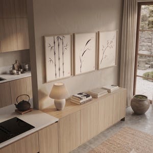 Japanese Sumi-e botanical print set featuring Bamboo, Cherry Blossom, and Bent Reed arranged as a minimalist Zen triptych.