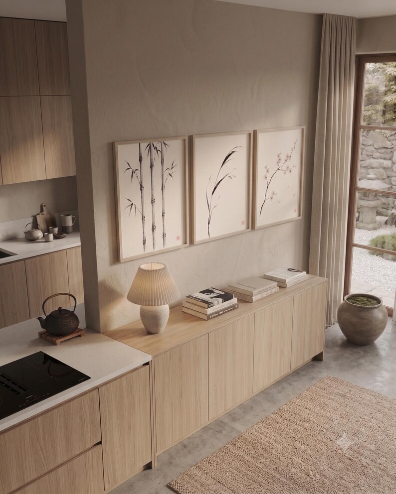 Japanese Sumi-e botanical print set featuring Bamboo, Cherry Blossom, and Bent Reed arranged as a minimalist Zen triptych.