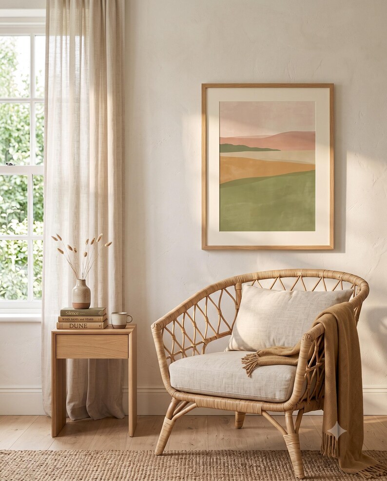 Impresión de paisaje de campo de color, arte mural minimalista Japandi, decoración en tonos tierra neutros, horizonte tonal / Calma y roble imagen 12