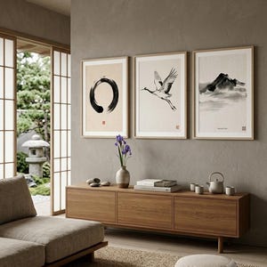 Minimalist Sumi-e mountain print featuring layered Japanese ink peaks fading into mist on a warm white background