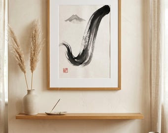 Estampado Sumi-e de arroyo de montaña, arte mural minimalista Japandi con tinta, pincelada vertical (DESCARGA DIGITAL)