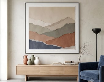 Lámina de paisaje con horizonte tonal, arte mural minimalista Japandi, decoración en terracota color salvia.