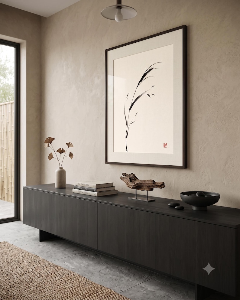 Minimalist Sumi-e Bent Reed print featuring Japanese ink brushwork of a graceful reed bending softly on warm white paper.