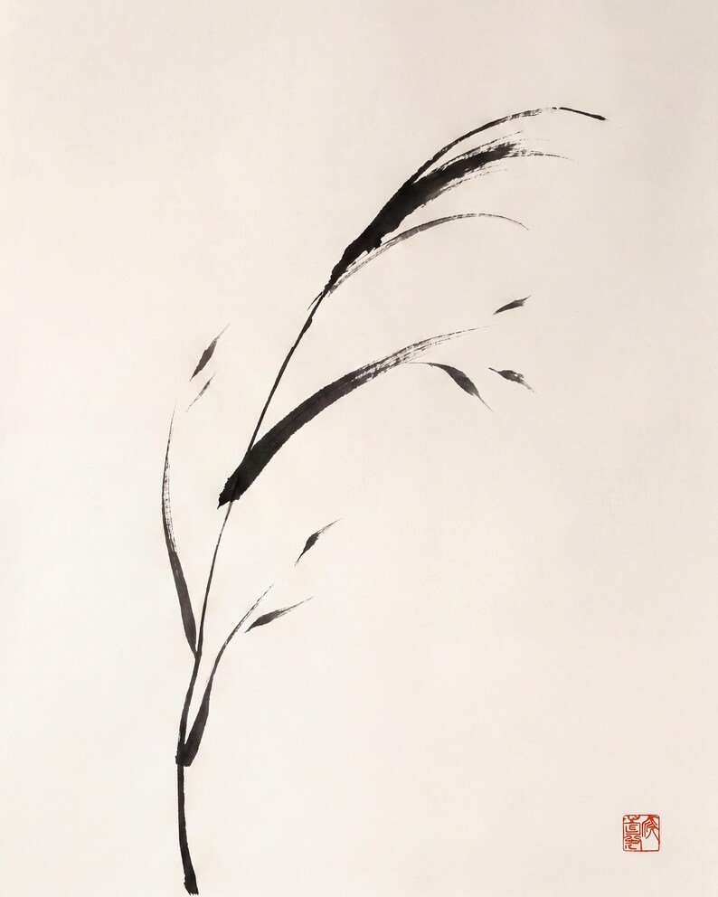 Japanese Sumi-e botanical print set featuring Bamboo, Cherry Blossom, and Bent Reed arranged as a minimalist Zen triptych.