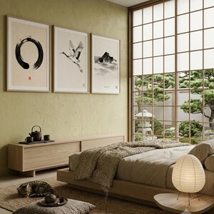 Japanese Sumi-e print set featuring Enso, Crane, and Mountain ink paintings arranged as a minimalist Zen triptych.