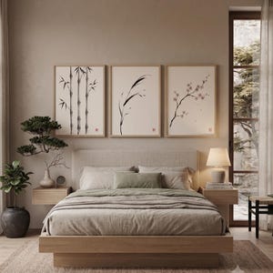 Japanese Sumi-e botanical print set featuring Bamboo, Cherry Blossom, and Bent Reed arranged as a minimalist Zen triptych.