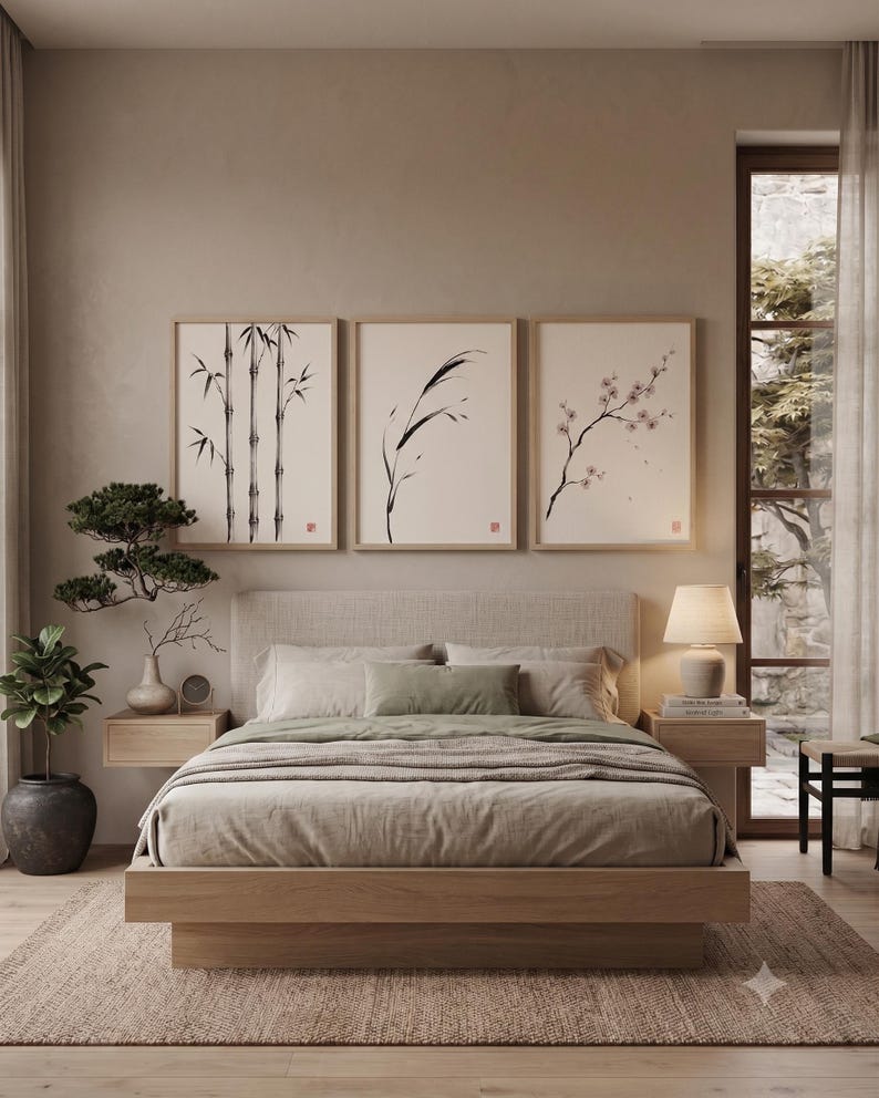 Japanese Sumi-e botanical print set featuring Bamboo, Cherry Blossom, and Bent Reed arranged as a minimalist Zen triptych.
