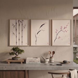 Japanese Sumi-e botanical print set featuring Bamboo, Cherry Blossom, and Bent Reed arranged as a minimalist Zen triptych.